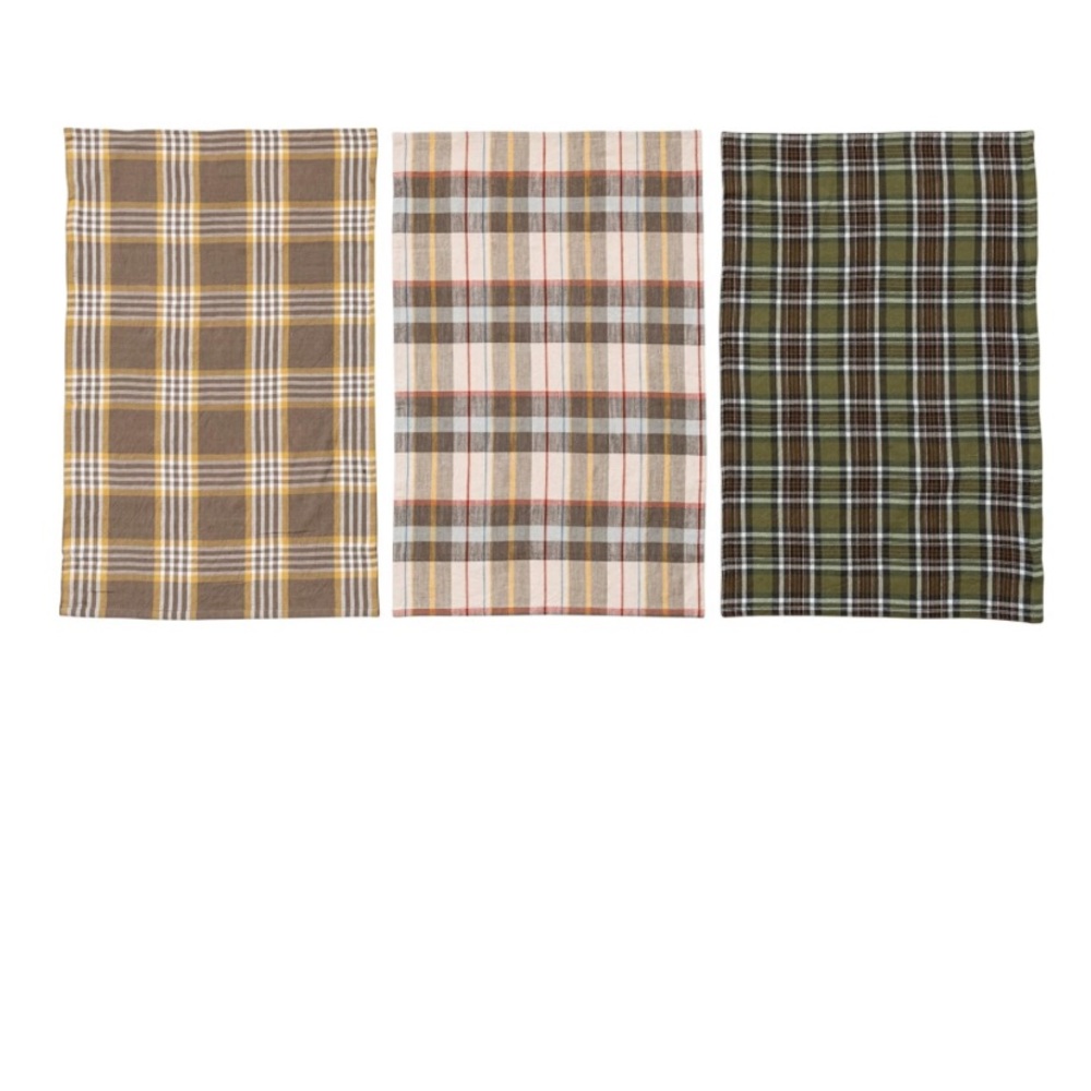 Creative Co-Op Set of 3 Plaid Kitchen Towels Earth Tones Cotton Farmhouse Cabin